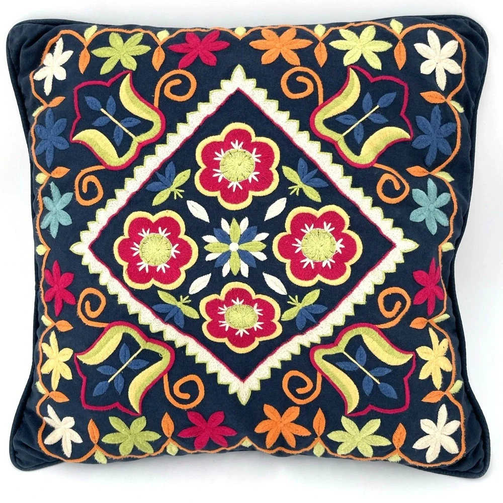 Pottery Barn Romanian Heavily Embroidered Feather Pillow 18x18 Floral Navy‎ Blue